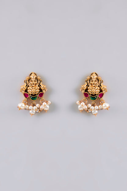 Gold Finish Pearl & Kundan Polki Temple Necklace Set