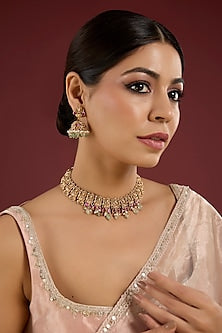 Gold Finish Pearl & Kundan Polki Necklace Set