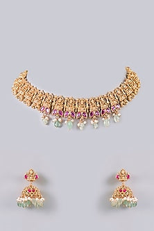 Gold Finish Pearl & Kundan Polki Necklace Set