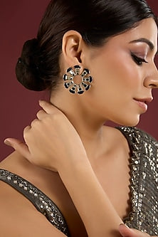 Gold Finish Black & White Stone Floral Earrings