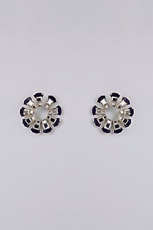 Gold Finish Black & White Stone Floral Earrings