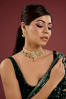 Gold Finish Multi-Colored Stone & Kundan Polki Necklace Set