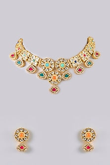 Gold Finish Multi-Colored Stone & Kundan Polki Necklace Set