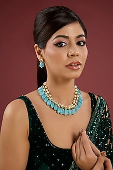 Gold Finish Turquoise Stone & Beaded Necklace Set