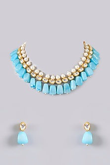 Gold Finish Turquoise Stone & Beaded Necklace Set