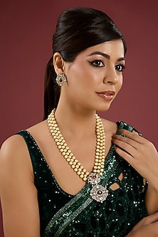 Gold Finish Pearl & Ruby Stone Long Necklace Set