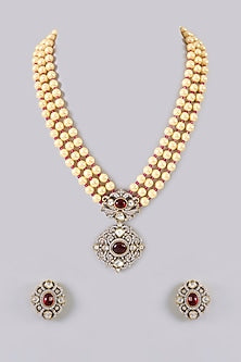 Gold Finish Pearl & Ruby Stone Long Necklace Set
