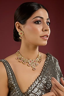Gold Finish Kundan Polki & Red Stone Necklace Set
