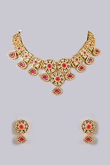 Gold Finish Kundan Polki & Red Stone Necklace Set