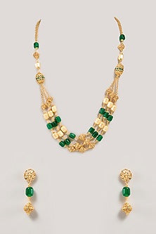 Gold Finish Green Beaded Necklace Set