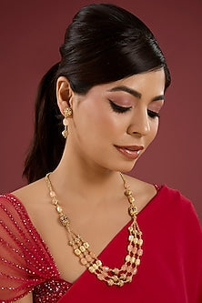 Gold Finish Pink Beaded Necklace Set