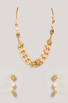 Gold Finish Pink Beaded Necklace Set
