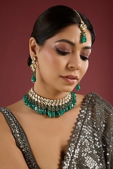 Gold Finish Emerald Green Beaded Choker Necklace Set