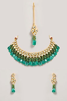 Gold Finish Emerald Green Beaded Choker Necklace Set