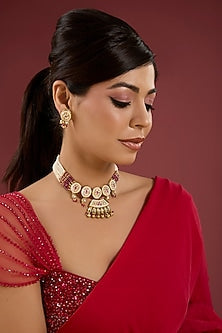 Gold Finish Pink Stone Necklace Set