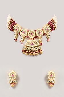 Gold Finish Pink Stone Necklace Set