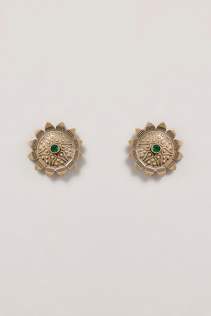 Gold Finish Green Stone Stud Earrings