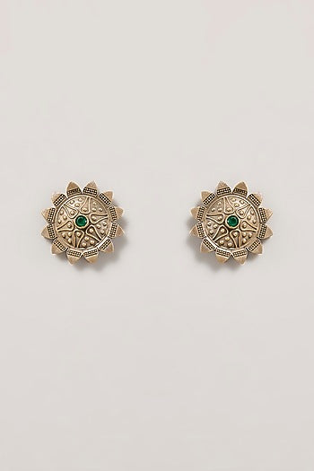 Gold Finish Green Stone Stud Earrings