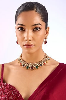 Gold Finish Pearl & Multi-Colored Topaz Stone Choker Necklace Set