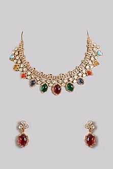 Gold Finish Pearl & Multi-Colored Topaz Stone Choker Necklace Set