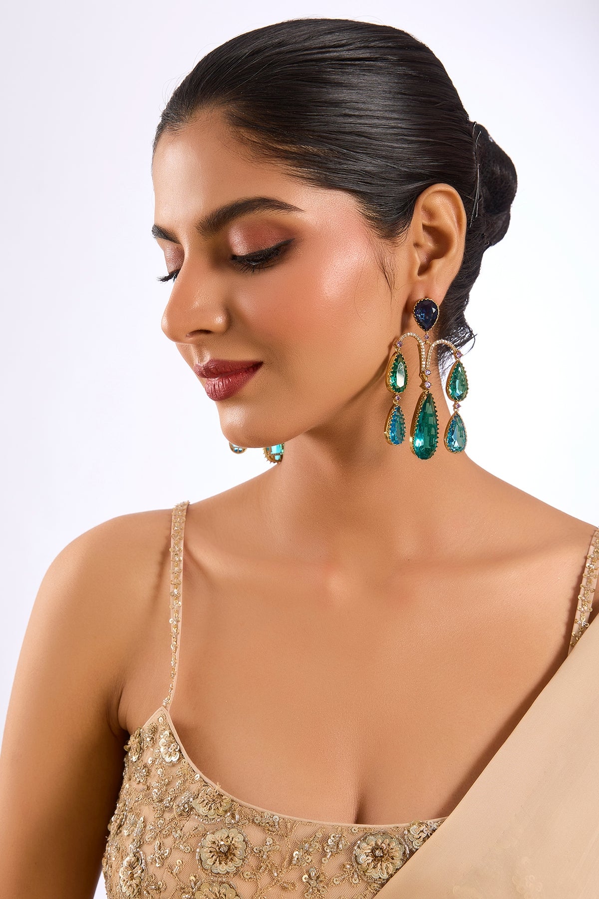 Gold Finish Sapphire Blue & Emerald Stone Statement Earrings