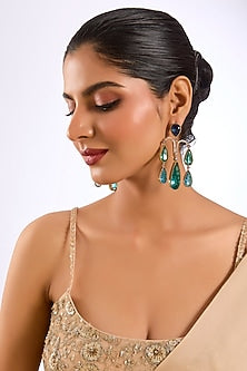 Gold Finish Sapphire Blue & Emerald Stone Statement Earrings