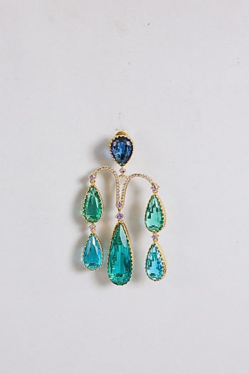 Gold Finish Sapphire Blue & Emerald Stone Statement Earrings