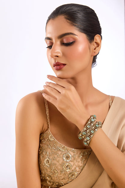 Gold Finish Mint Kundan Polki Bangles