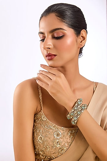 Gold Finish Mint Kundan Polki Bangles