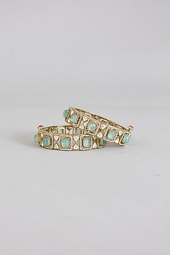 Gold Finish Mint Kundan Polki Bangles