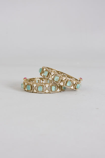 Gold Finish Mint Kundan Polki Bangles