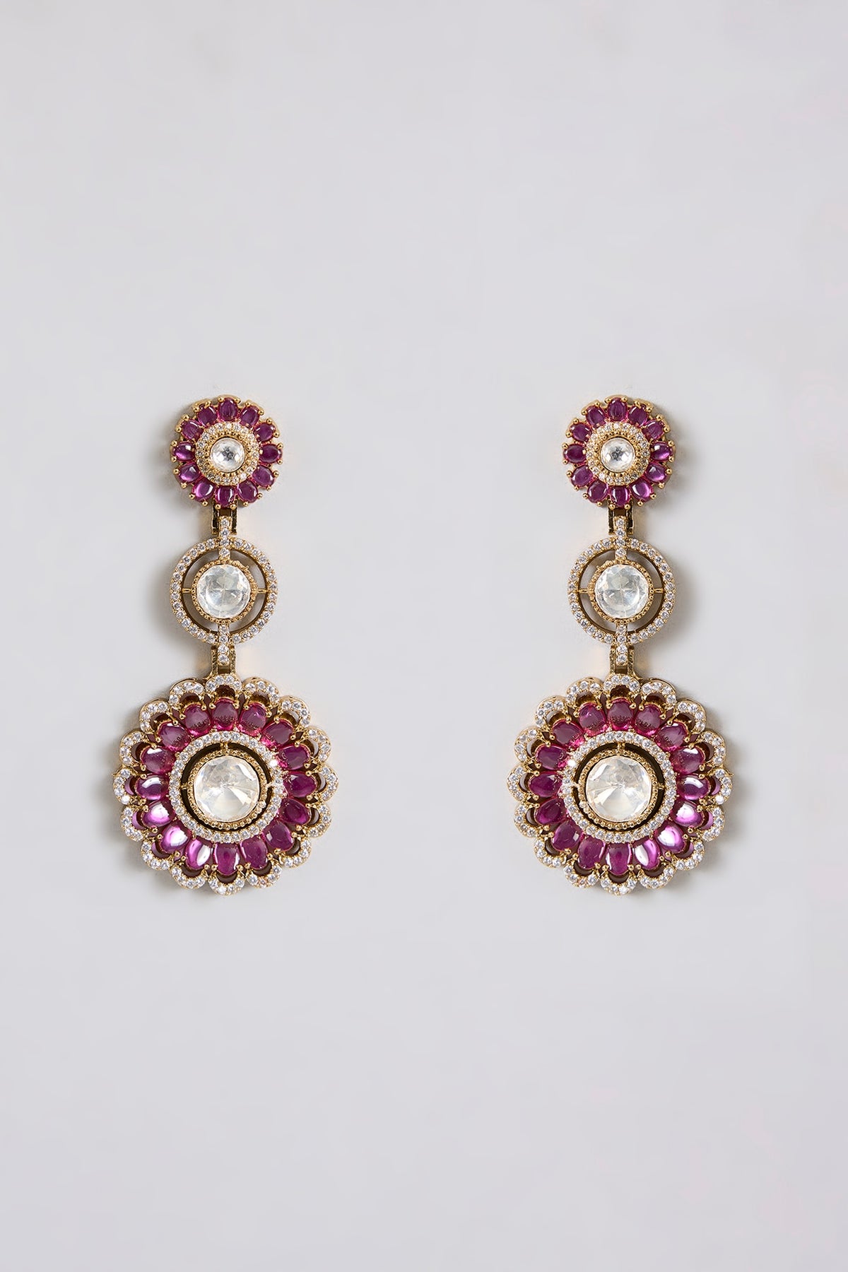 Gold Finish Kundan Polki & Ruby Stone Dangler Earrings