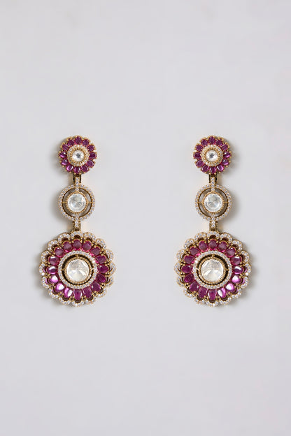 Gold Finish Kundan Polki & Ruby Stone Dangler Earrings