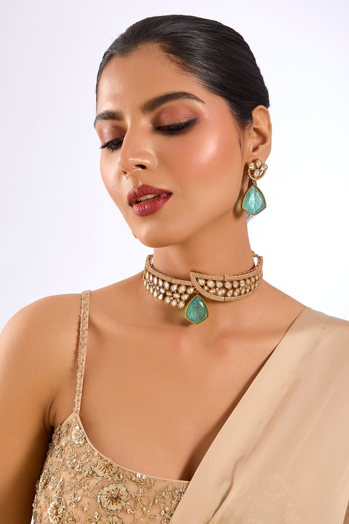 Gold Finish Kundan Polki & Emerald Stone Choker Necklace Set