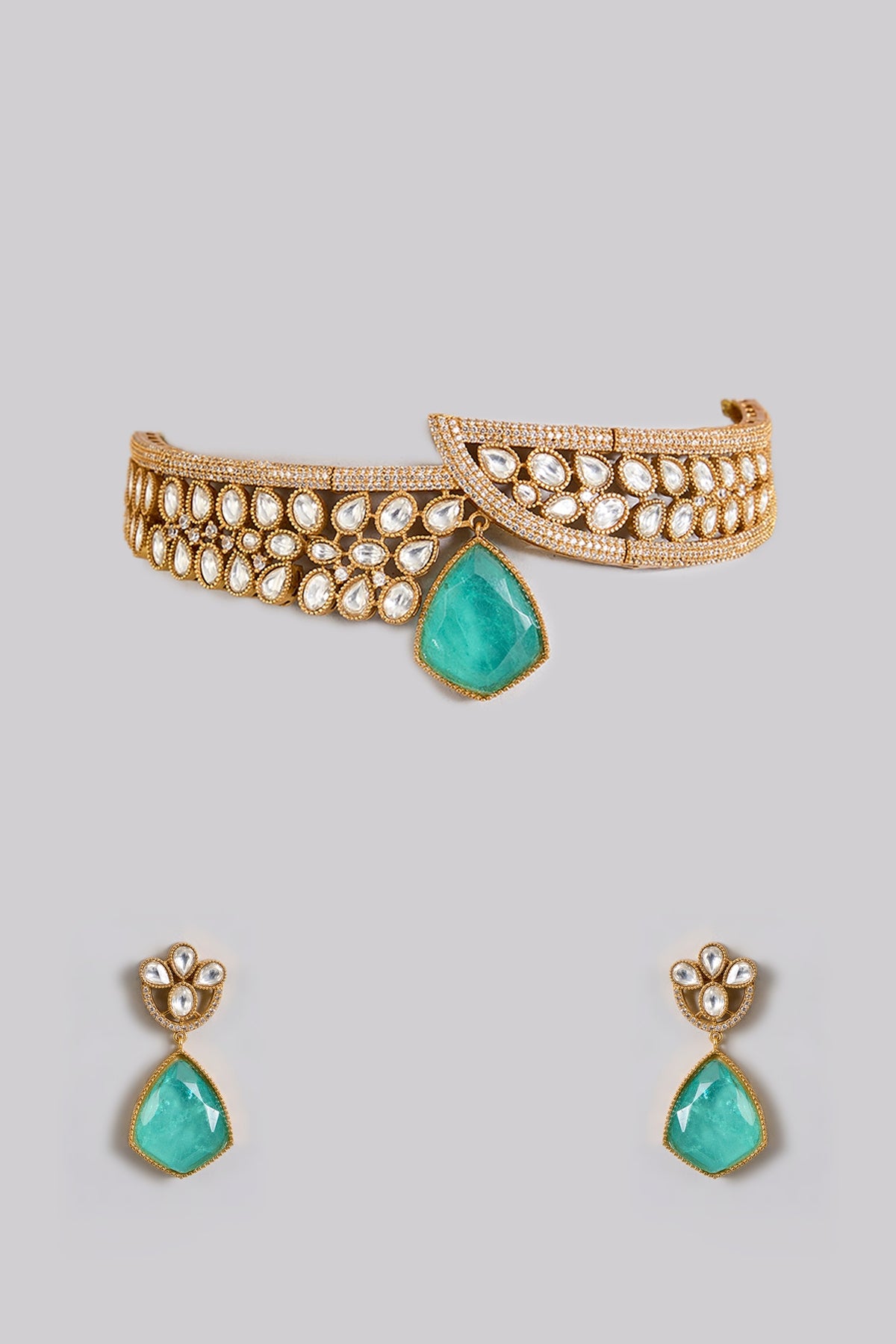 Gold Finish Kundan Polki & Emerald Stone Choker Necklace Set
