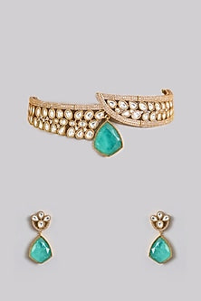 Gold Finish Kundan Polki & Emerald Stone Choker Necklace Set