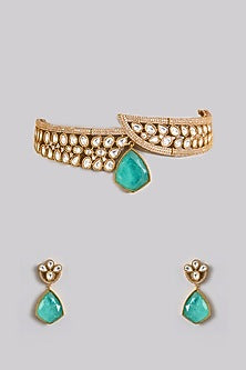 Gold Finish Kundan Polki & Emerald Stone Choker Necklace Set