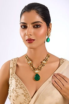 Gold Finish Pearl & Emerald Stone Choker Necklace Set