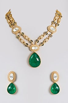 Gold Finish Pearl & Emerald Stone Choker Necklace Set