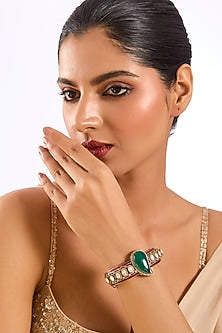 Gold Finish Kundan Polki & Emerald Drop Bracelet