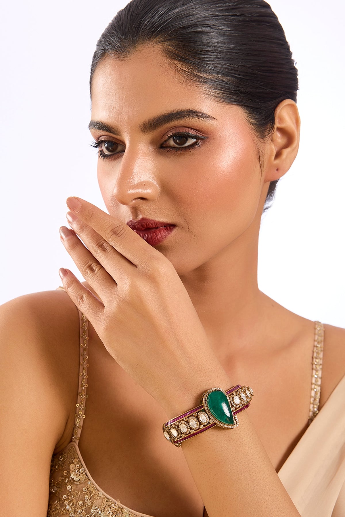 Gold Finish Kundan Polki & Emerald Drop Bracelet