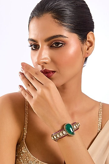 Gold Finish Kundan Polki & Emerald Drop Bracelet