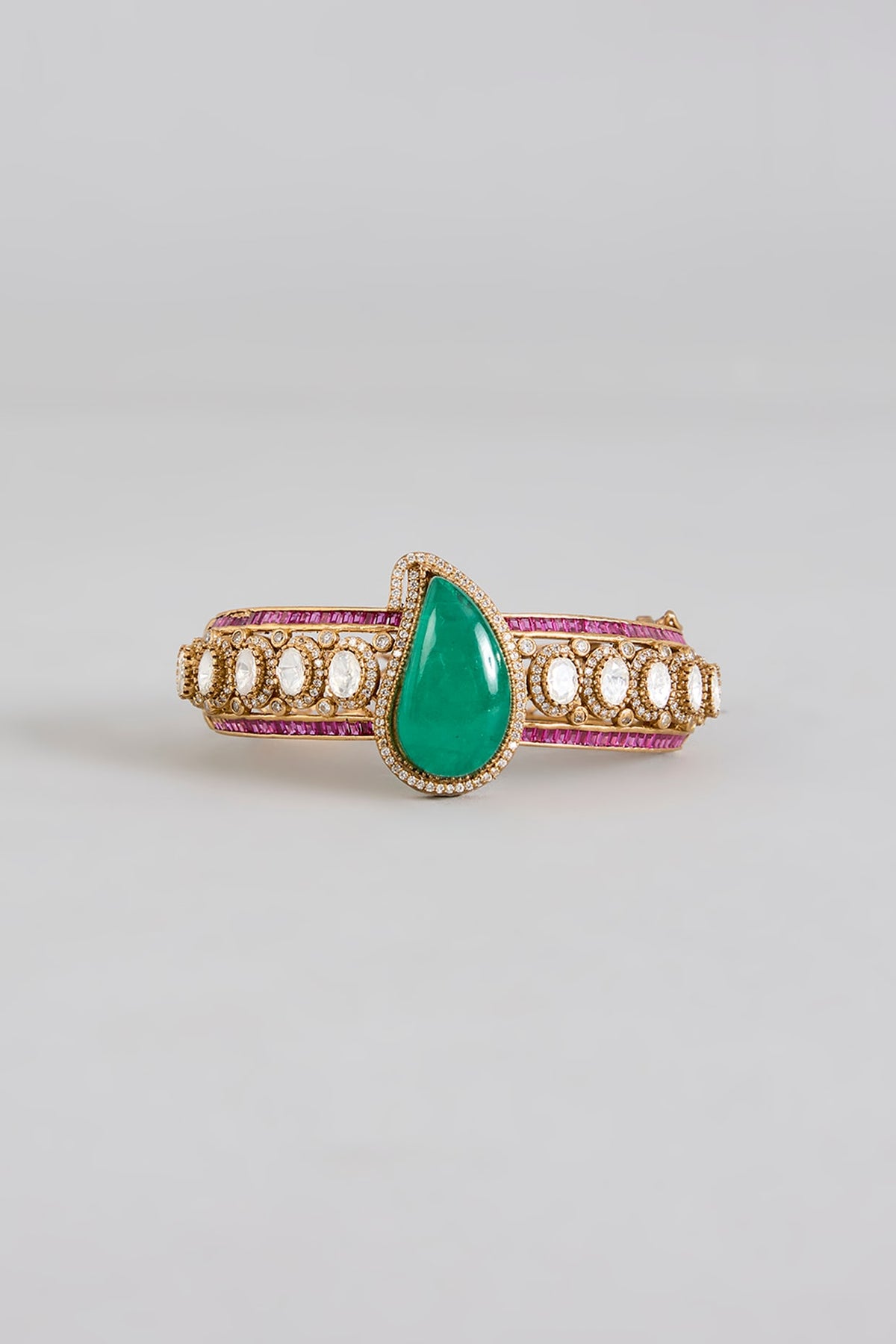 Gold Finish Kundan Polki & Emerald Drop Bracelet
