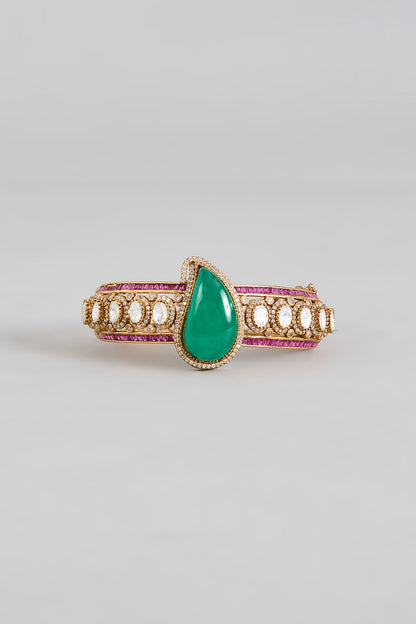Gold Finish Kundan Polki & Emerald Drop Bracelet