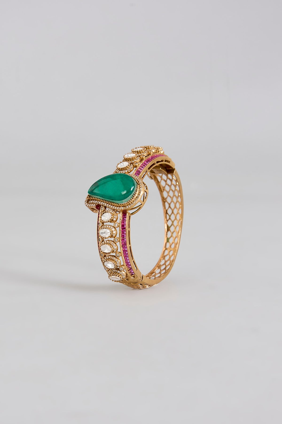 Gold Finish Kundan Polki & Emerald Drop Bracelet
