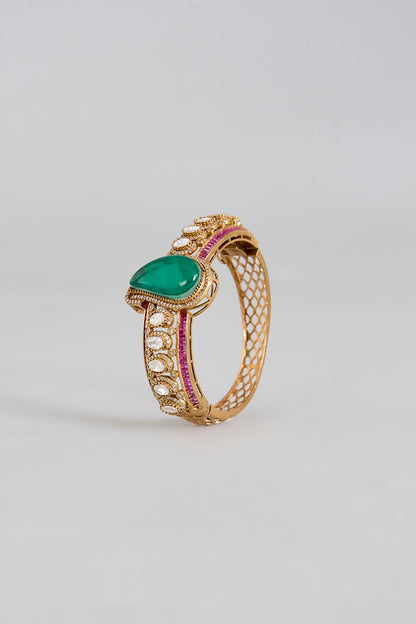 Gold Finish Kundan Polki & Emerald Drop Bracelet