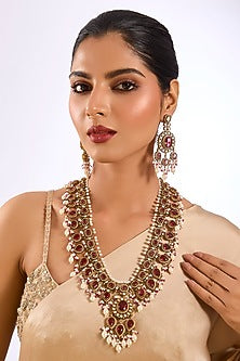Gold Finish Ruby Red Kundan Polki & Pearl Long Necklace Set