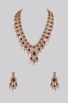 Gold Finish Ruby Red Kundan Polki & Pearl Long Necklace Set