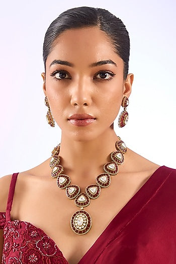 Gold Finish Kundan Polki Maroon Enameled Necklace Set