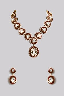 Gold Finish Kundan Polki Maroon Enameled Necklace Set
